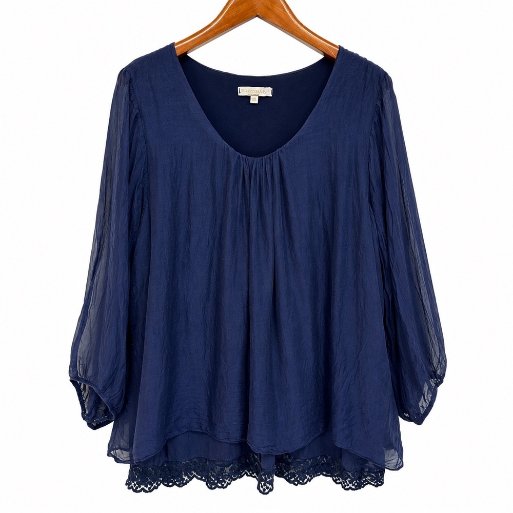 Pronto Moda Giusy Italy Navy Blue 100% Silk Lace Trim Blouse Top 2X